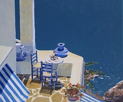 BLUE VASE ON BALCONY - Acrylics on canvas