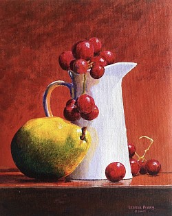 CHERRIES, PEAR WITH WHITE JUG - Acrylics on paper a reproduction by Lester Perry