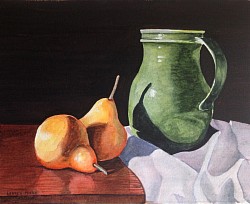 PEARS WITH GREEN JUG - Acrylics on paper a reproduction by Lester Perry