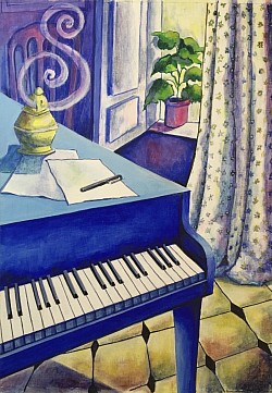 BLUE GRAND PIANO WITH FLOWERS - Acrylics on paper a reproduction by Lester Perry