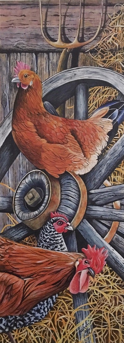 CHICKENS & WHEEL - Oil on canvas  - a reproduction by Lester Perry