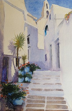 STEPS TO CHURCH -Watercolours on paper a reproduction by Lester Perry