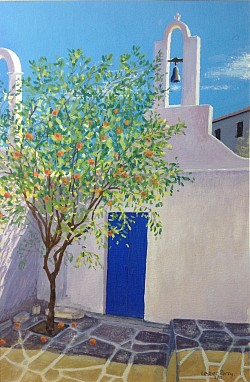 COURTYARD ORANGES - Acrylics on paper a reproduction by Lester Perry