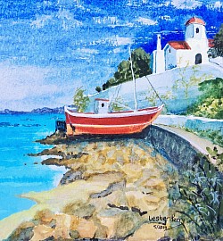 RED FISHING BOAT - Acrylics on paper