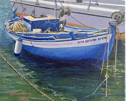 BLUE FISHING BOAT CRETE - Acrylics on paper