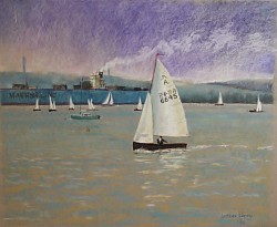 ITCHEN ESTUARY SAIL BOATS WITH TANKER - Pastel